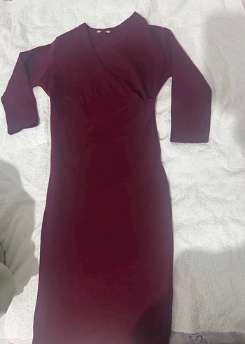 Bordo Midi Kadın Elbise, Uzun Kollu, Dar Kesim