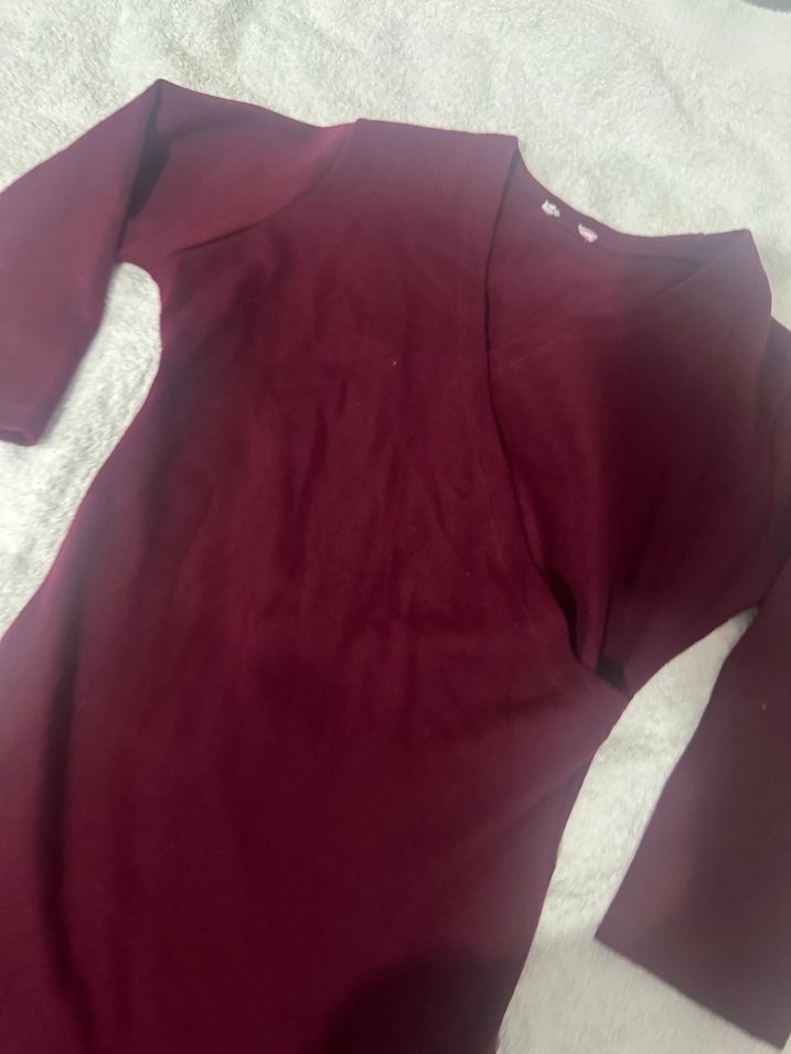 Bordo Midi Kadın Elbise, Uzun Kollu, Dar Kesim - Görsel 2