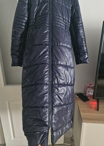 Koyu Lacivert Uzun Kadın Kışlık Mont - Görsel 5