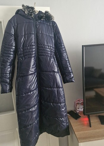 Koyu Lacivert Uzun Kadın Kışlık Mont - Görsel 4