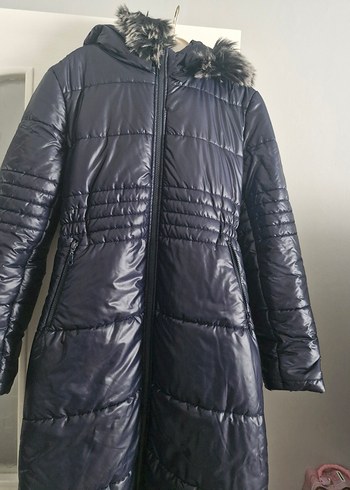 Koyu Lacivert Uzun Kadın Kışlık Mont - Görsel 2