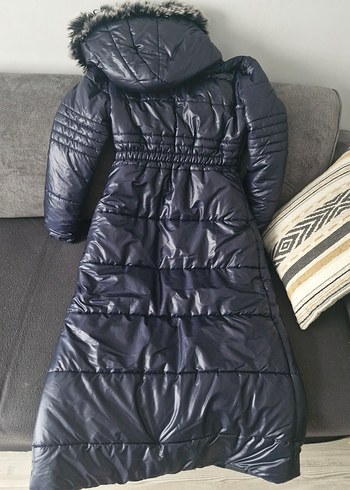 Koyu Lacivert Uzun Kadın Kışlık Mont - Görsel 8