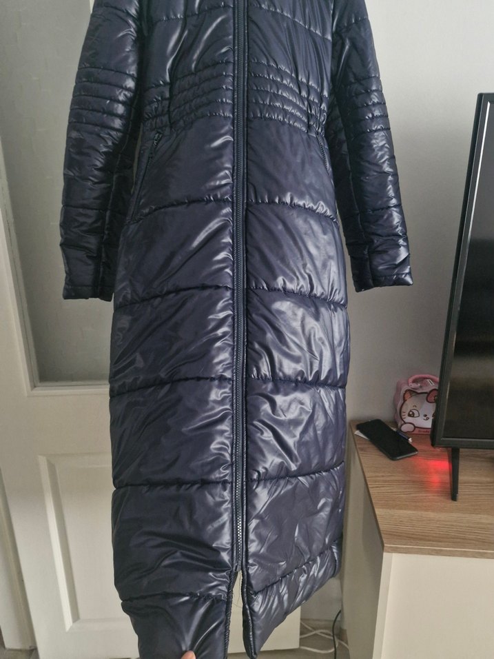 Koyu Lacivert Uzun Kadın Kışlık Mont - Görsel 5