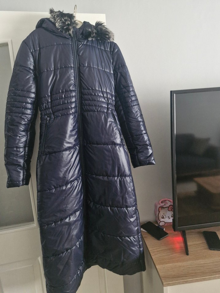 Koyu Lacivert Uzun Kadın Kışlık Mont - Görsel 4