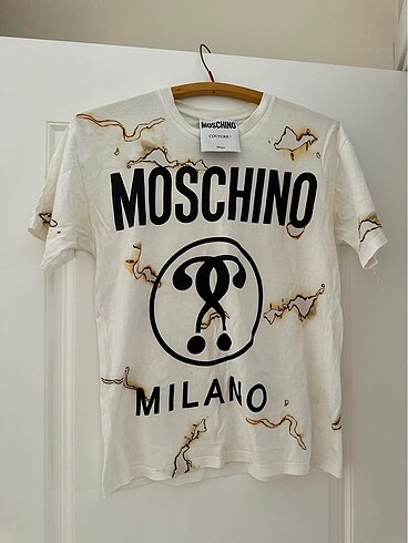 Orijinal Moschino White and Gold Graphic T-shirt