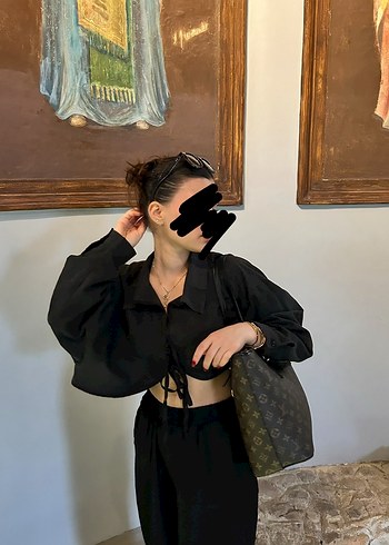 s Beden siyah Renk Siyah bağlama detaylı gömlek crop