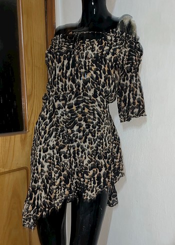 BSL FASHION Leopar Desenli Omzu Acik Mini Elbise