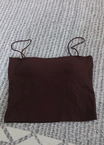Quzu Koyu Kahverengi İnce Askili Crop Top