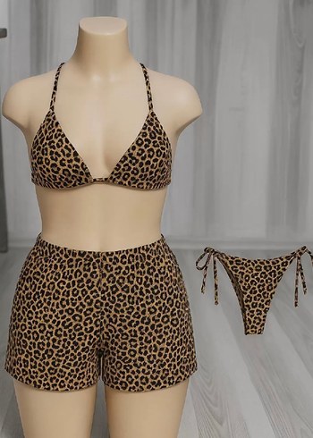 Diğer Leopar Desenli Mini Bikini ve Şort Takımı