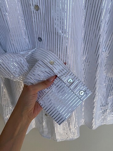 xl Beden Lame çizgili Oversize gömlek