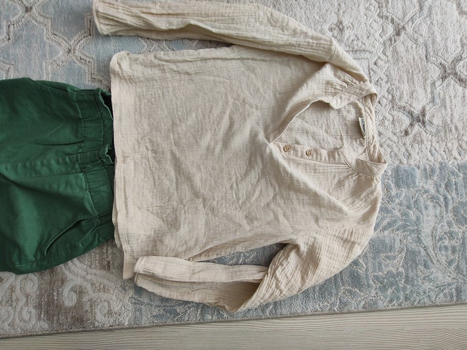 kız Çocuk Yeşil Rahat Kesim Keten Pantolon - Görsel 3