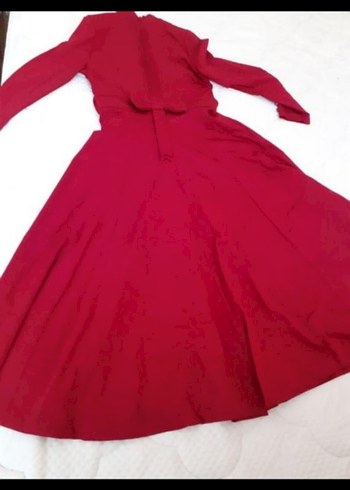 Kırmızı Vintage Uzun Kollu Uzun Elbise - Görsel 4