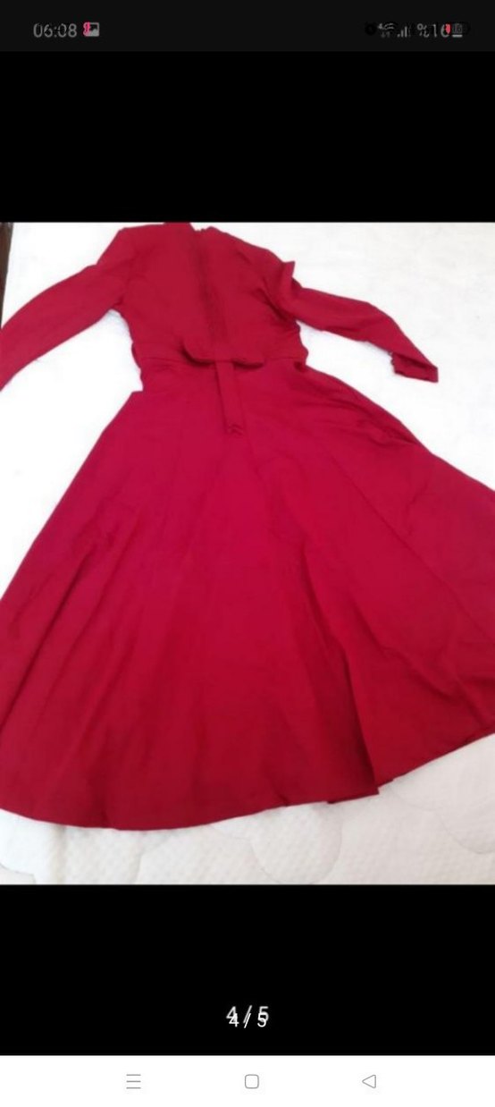 Kırmızı Vintage Uzun Kollu Uzun Elbise - Görsel 4