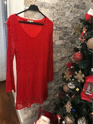 Zara tarzı triko kırmızı astarlı elbise