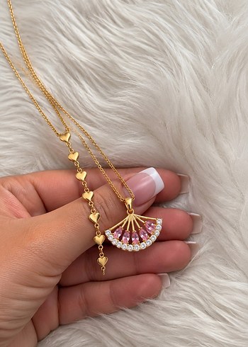 Accessorize  Altin Kalp Detayli Pembe Tasli Yelpaze Kolye