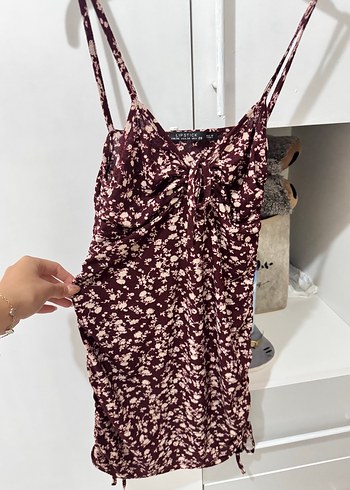 Bordo Çiçek Desenli İp Askılı Midi Elbise