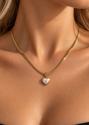 Sterling silver Gold Kalpli İnci Detayli Celik Zincir Kolye