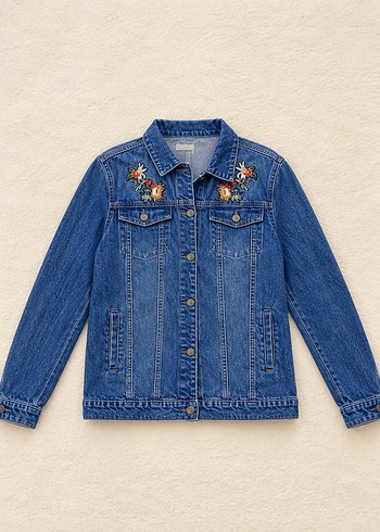 LC Waikiki Cicek İslemeli Mavi Denim Ceket