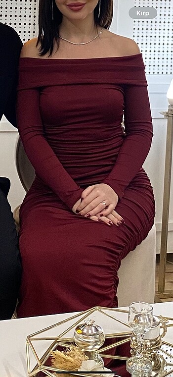 s Beden Bordo Uzun Drapeli Elbise