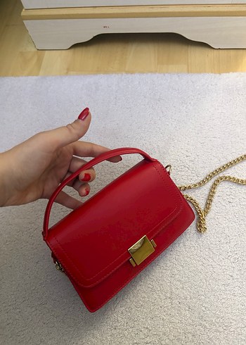 Kırmızı Deri Zincir Detaylı Kadın Çanta - Görsel 7