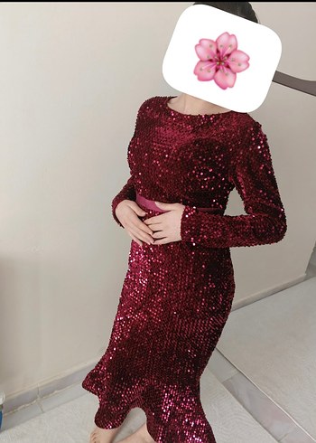 Zara Bordo Payetli Uzun Kollu Kalem Elbise M Beden
