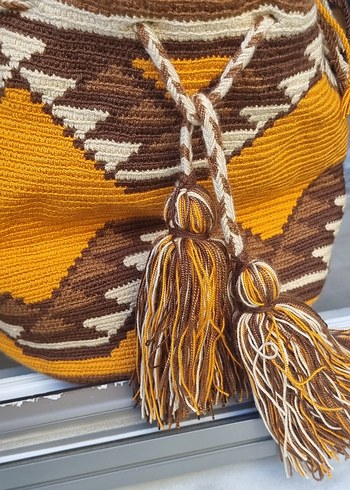 Kahverengi Desenli Örgü Bohem Kadın Çanta - Görsel 5