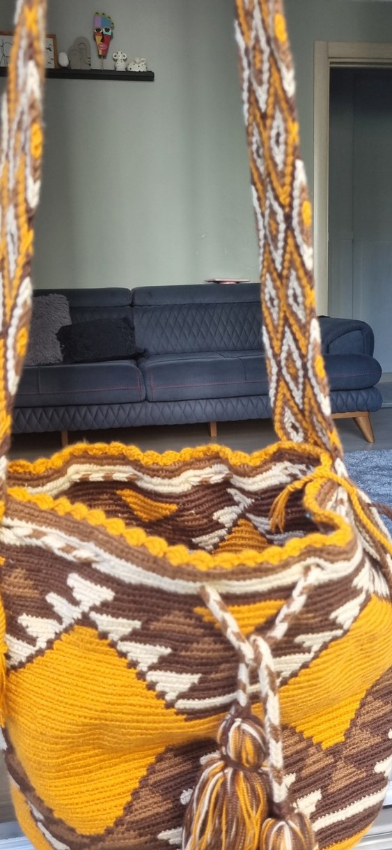 Kahverengi Desenli Örgü Bohem Kadın Çanta - Görsel 2