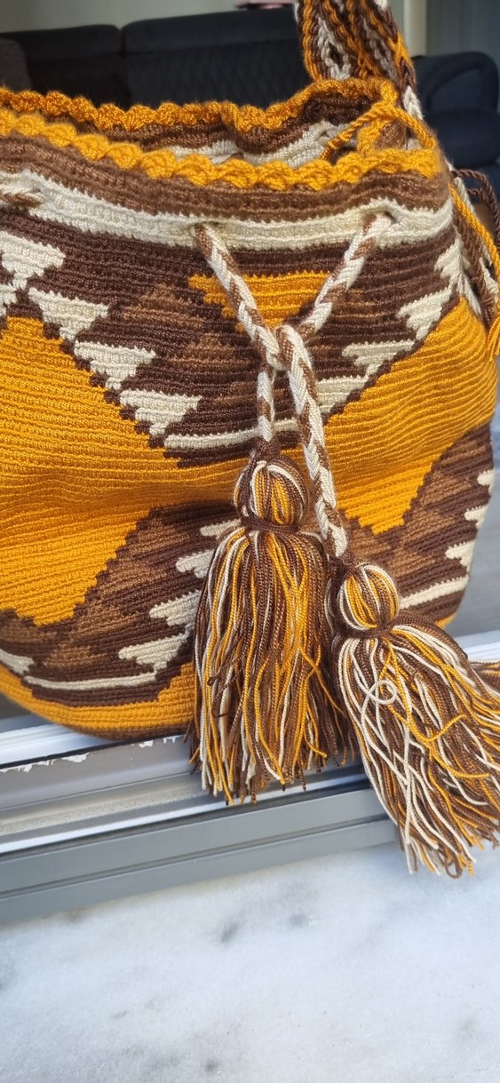 Kahverengi Desenli Örgü Bohem Kadın Çanta - Görsel 5