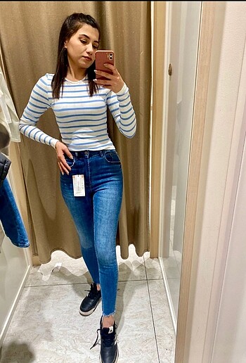 Stradivarius mavi beyaz çizgili bluz