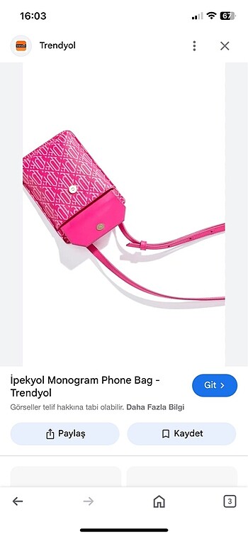  Beden pembe Renk İPEKYOL MONOGRAM TELEFON ÇANTASI