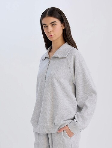 l Beden Regular Fit Yarım Fermuarlı Dik Yaka Basic Düz Sweatshirt