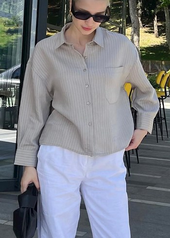 Diğer Gri Cizgili Oversize Kadin Gomlek
