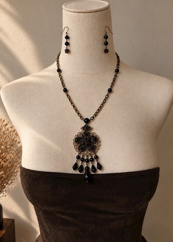 Vintage Love Siyah Vintage Kolye Kupe Seti
