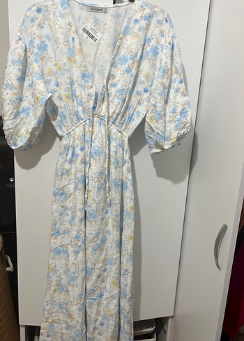 Bohem Uzun Keten Elbise V Yaka Pastel - Görsel 2