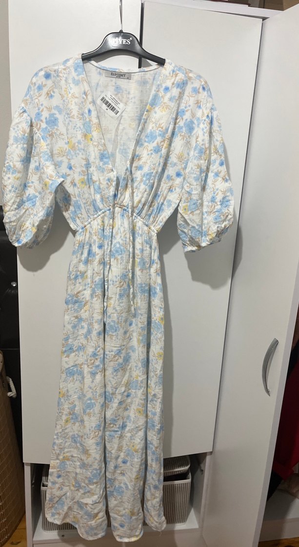 Bohem Uzun Keten Elbise V Yaka Pastel - Görsel 2