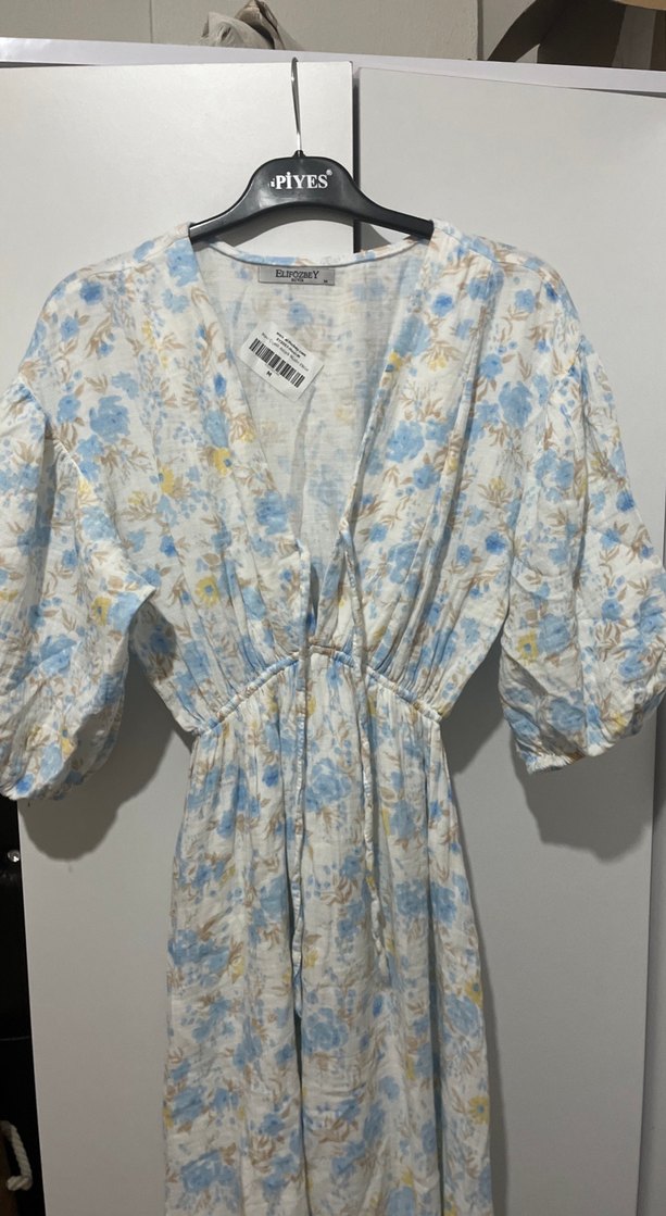 Bohem Uzun Keten Elbise V Yaka Pastel - Görsel 3