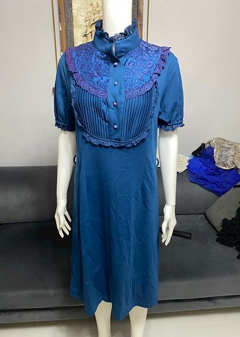 Zara Vintage Mavi Dantel Detayli Midi Elbise