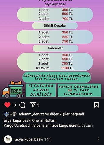 Kupa baskı fiyat liste