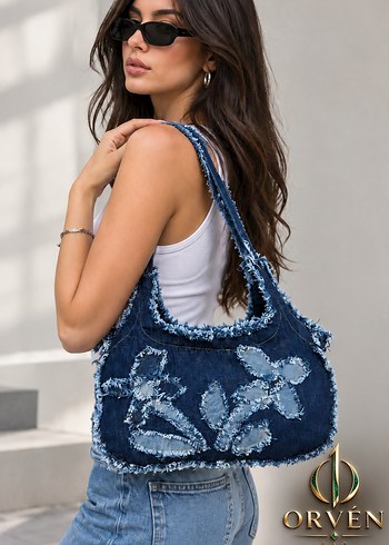 Armani Jeans Yaprak Desenli Koyu Mavi Denim Omuz Cantasi