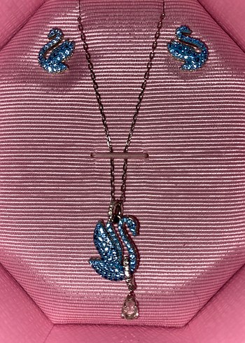swarovski Mavi Kugu Tasli Gumus Taki Seti