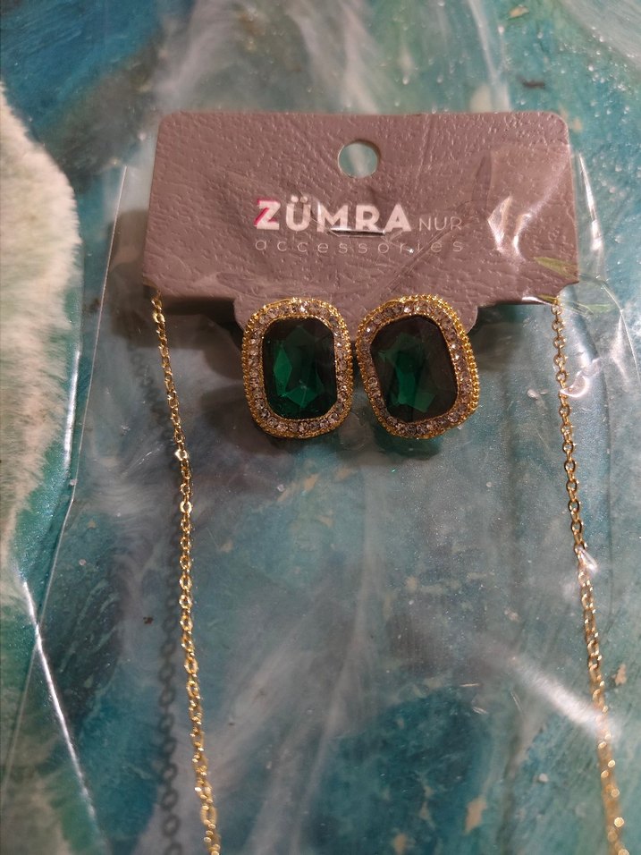 Zümra Altın Renk Zincirli yeşil Takı Seti - Görsel 2