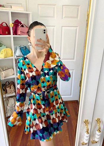 Renkli Batik Desenli Uzun Kollu Mini Elbise
