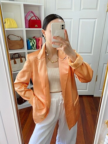 Turuncu saten blazer çeket
