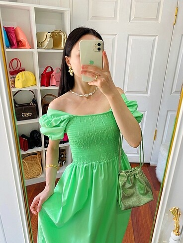 Zara Poplin kumaş uzun yesıl elbise