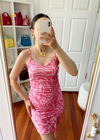 Pembe Zebra Desenli Drapeli Midi Elbise