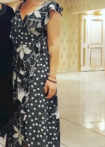 m Beden siyah Renk Koton Bohem Tarzda Desenli Midi Elbise