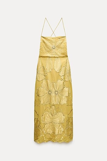 xs Beden sarı Renk Zara zw collection işlemeli midi elbise