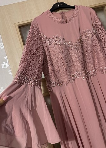 48 Beden Dantel Detaylı Pembe Bohem Uzun Abiye Elbise