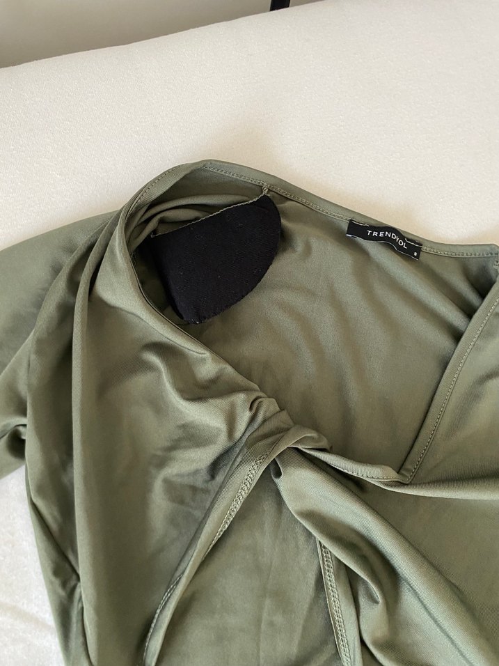 V Yaka Uzun Kollu Haki Bluz - Görsel 3