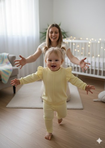 Özel dikim Sarı penye mevsimlik Uzun Kollu Bebek Kız Takımı - Görsel 4